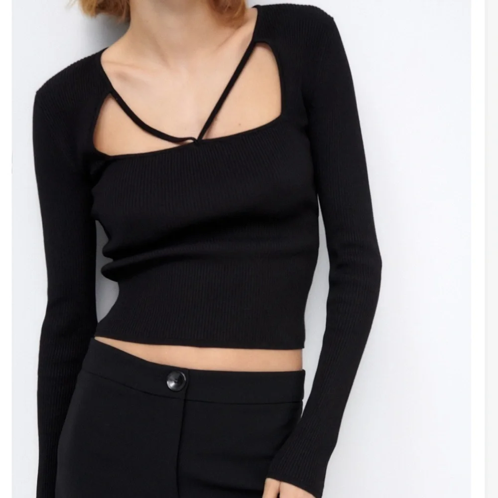 ZARA Square Neck Ribbed Long Sleeve Top – Black